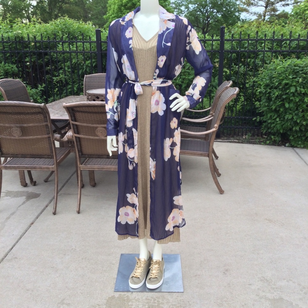 SHEER floral long 3/4 sleeve duster maxi COVER UP - Picture 8 of 16